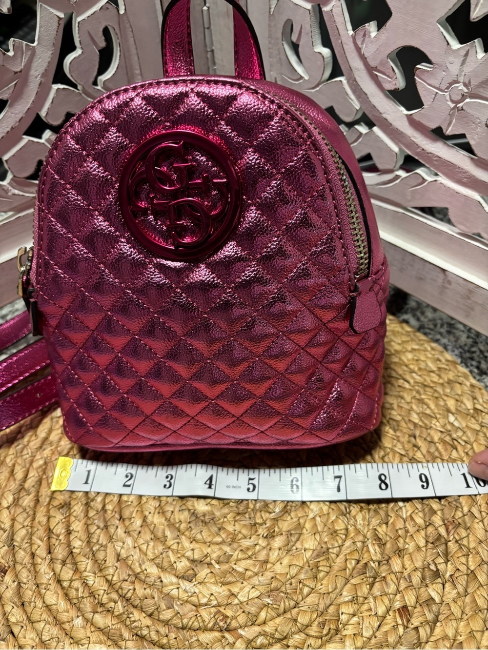 Guess Metallic Quilted Mini Backpack - Magenta with gift set - Picture 7 of 14